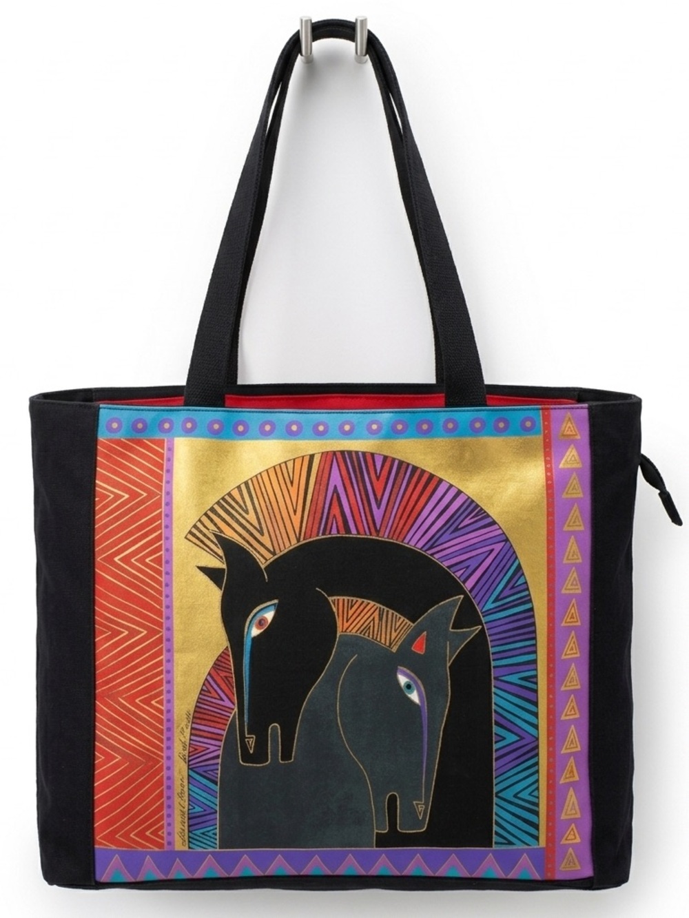Vintage Laurel Burch Embracing Horses Tote Bag Canvas Black Y2K Art